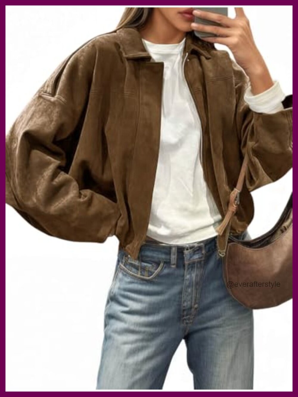Faux Suede Cropped Bomber Jacket Oversized Zip Up Casual Coat